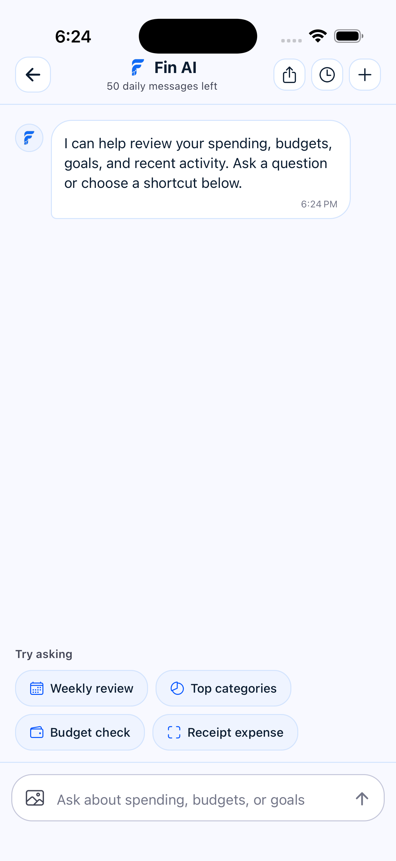 Fin AI chat screen for finance questions