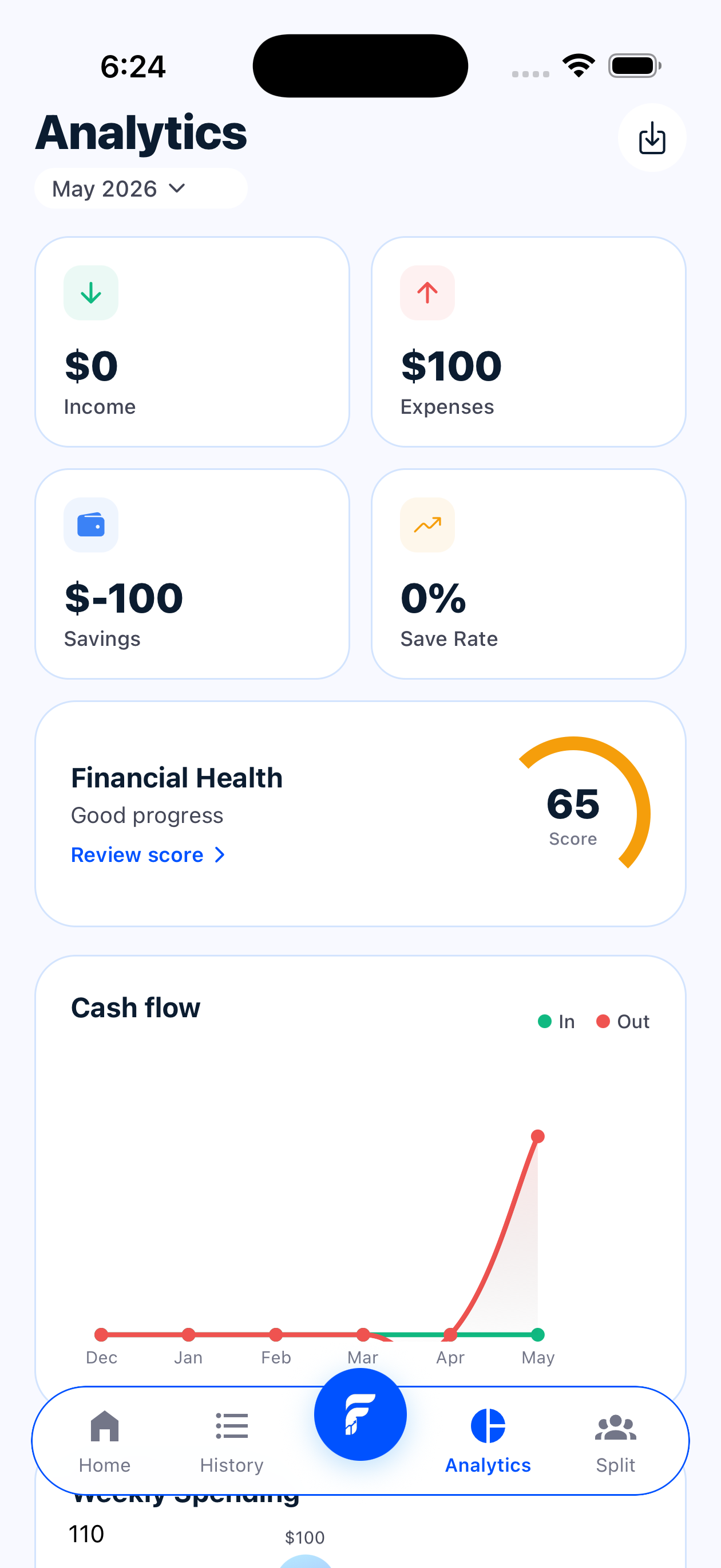 Fin analytics screen with spending insights