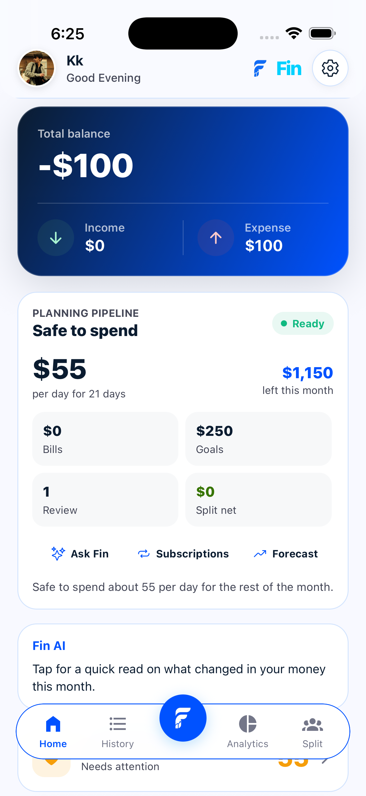 Fin dashboard showing balance, safe to spend, and planning cards