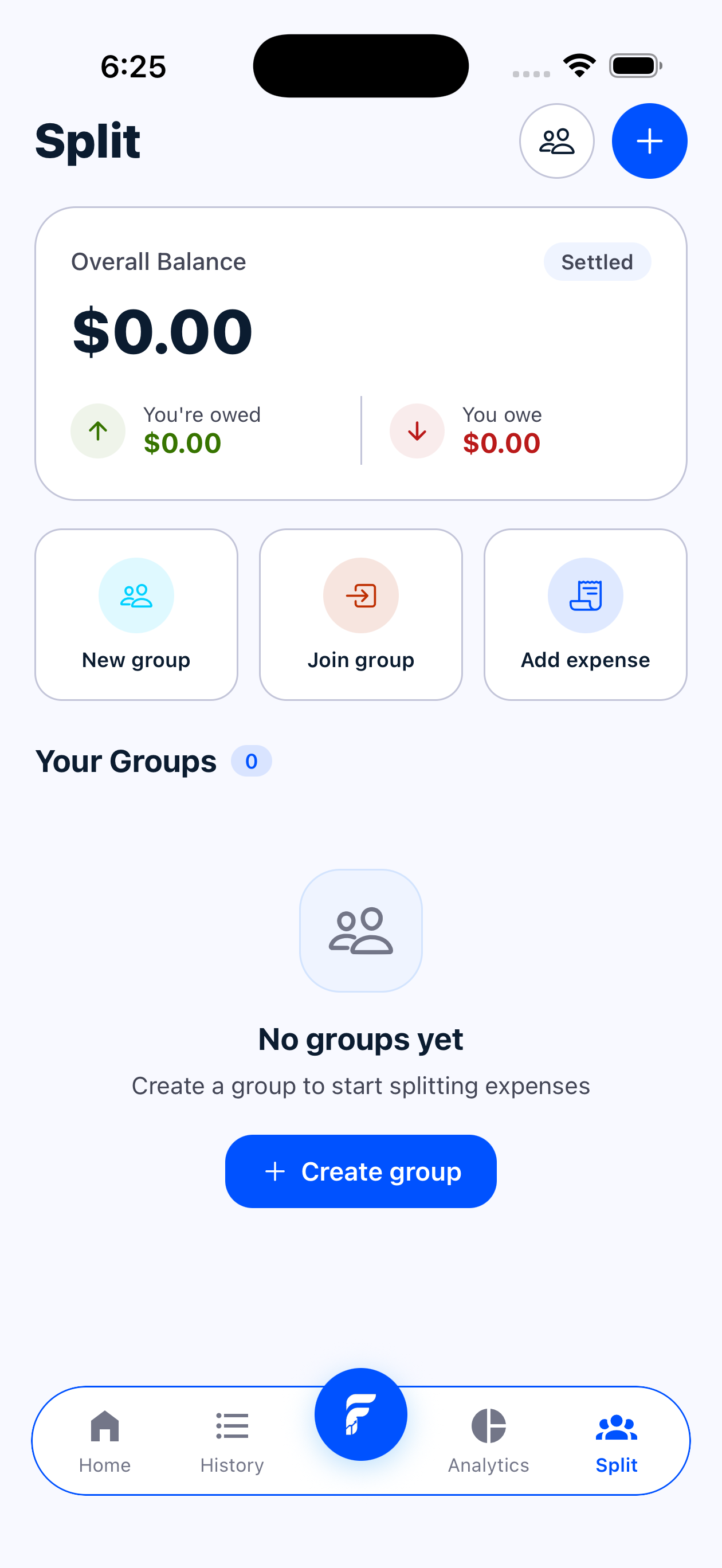 Fin split screen for shared expenses
