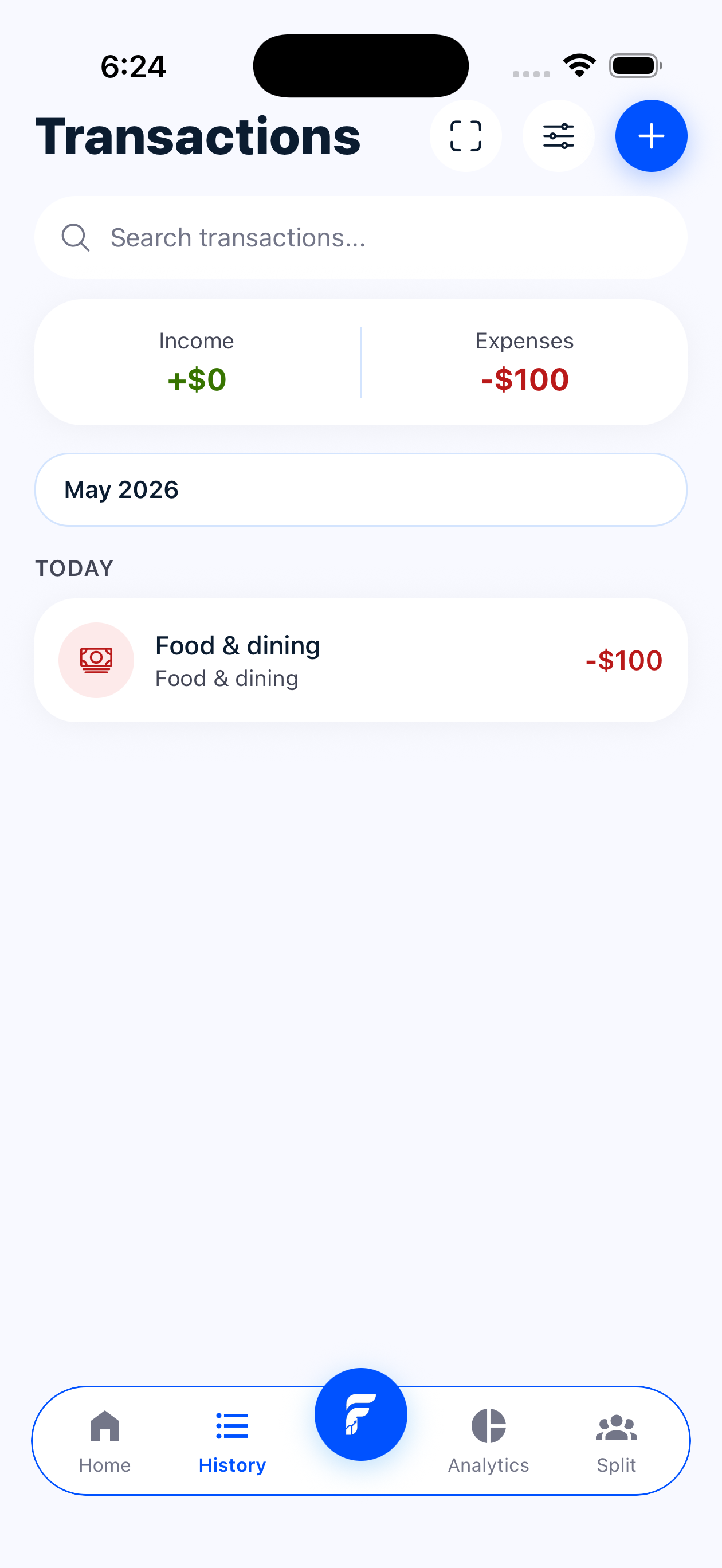 Fin transactions screen with search and spending history